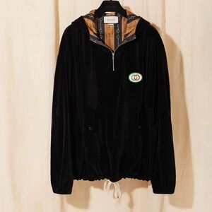 Authentic Gucci Black Chenille Hooded anorak half zip unisex size M preloved EUC